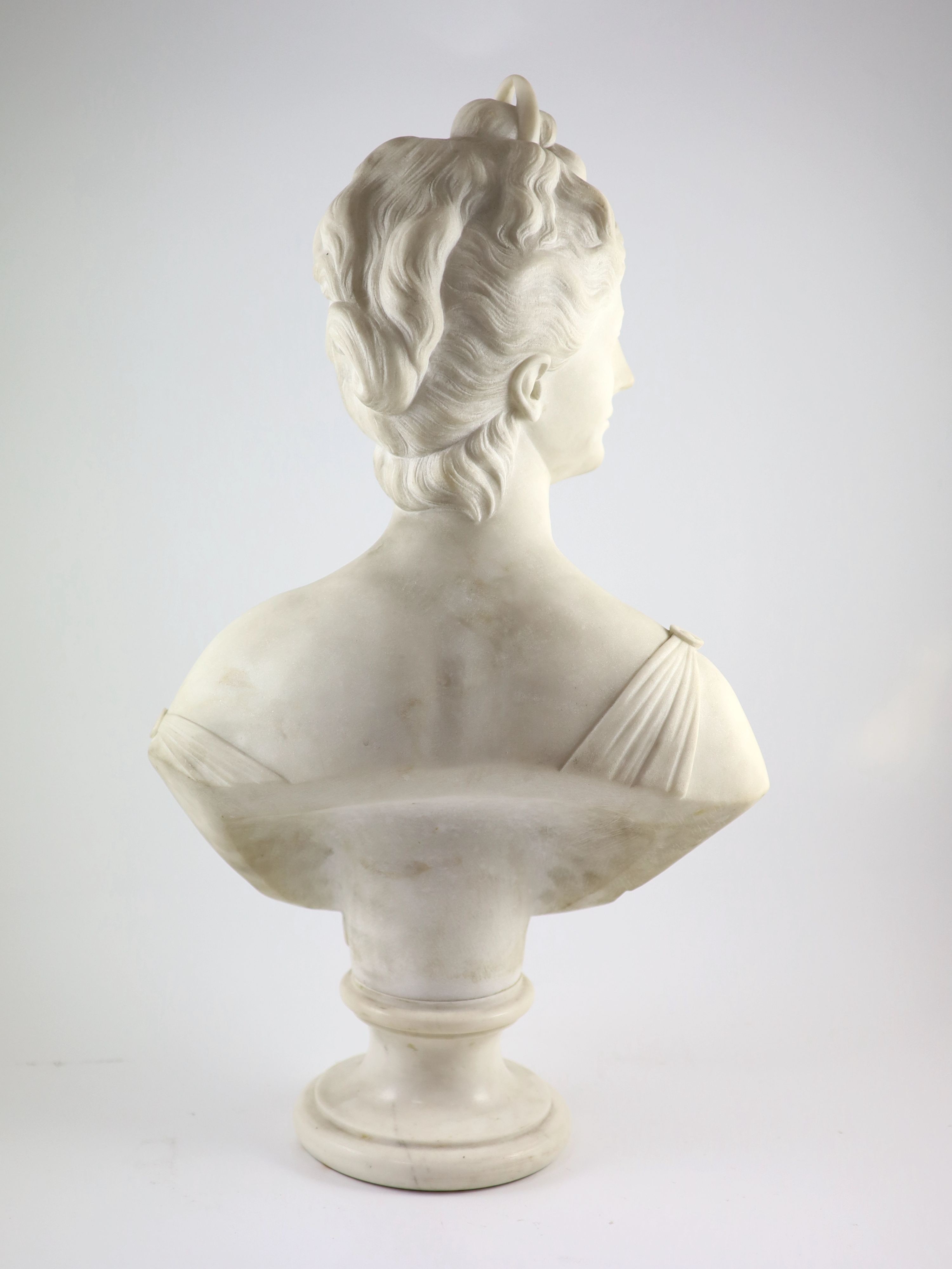 After Jean-Antoine Houdon (1786-1846), a late 19th century white marble bust of Diana the Huntress H 62cm.